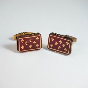 Vtg Gilded Burgundy Leather Cufflinks Gold Tone